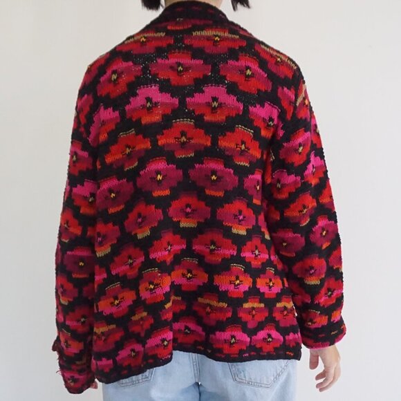 Vintage David Brooks Black Pink Hand Knit Floral Checkered Grandpa Cardigan M - Picture 2 of 9